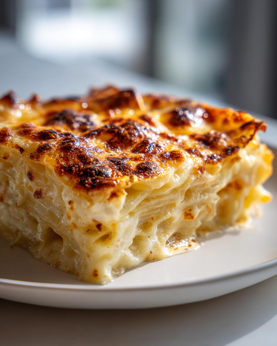 Close-up of a square serving of cheesy scalloped potatoes showing layered potatoes and a deeply browned, bubbly cheese crust.