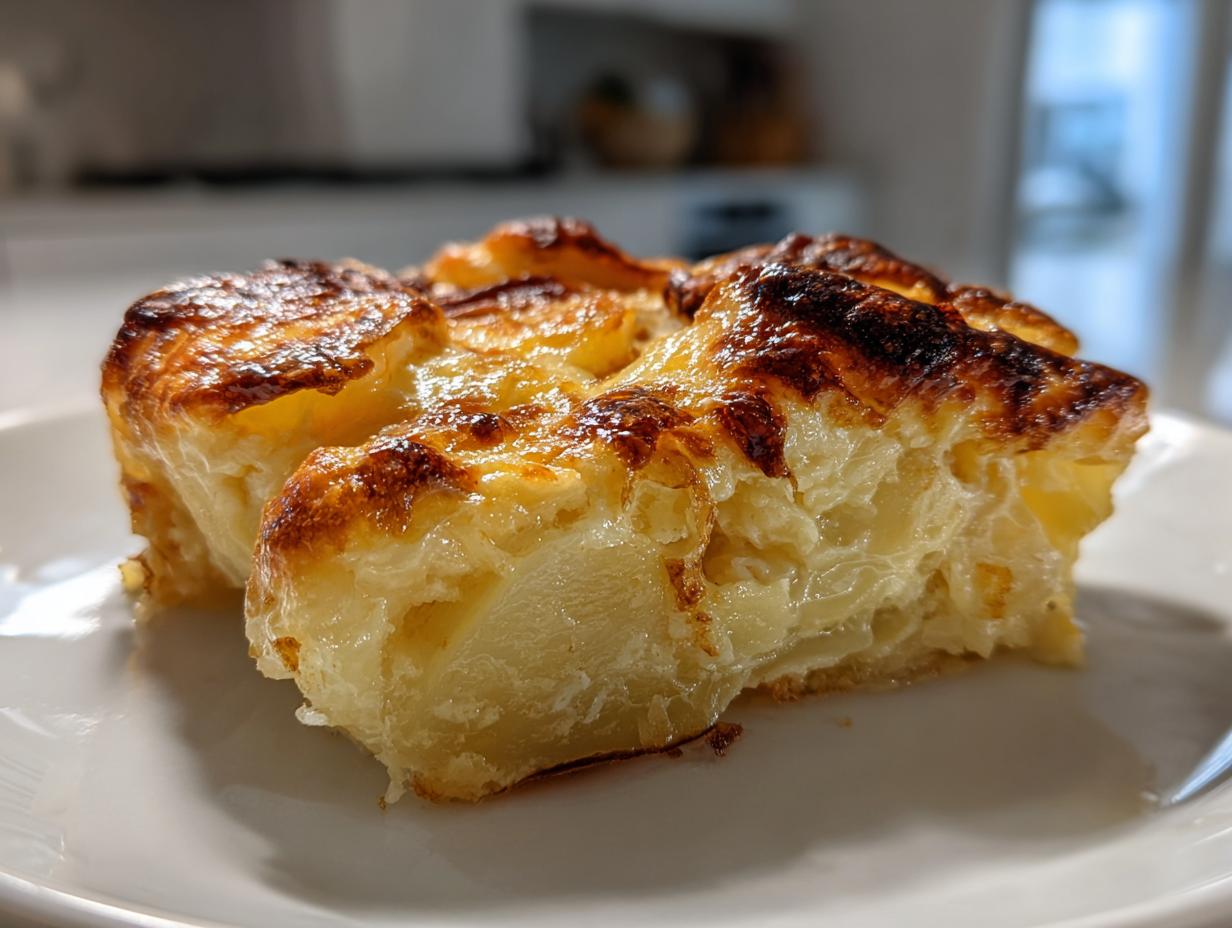 Close-up of two servings of cheesy scalloped potatoes with a deeply browned, bubbly top layer.