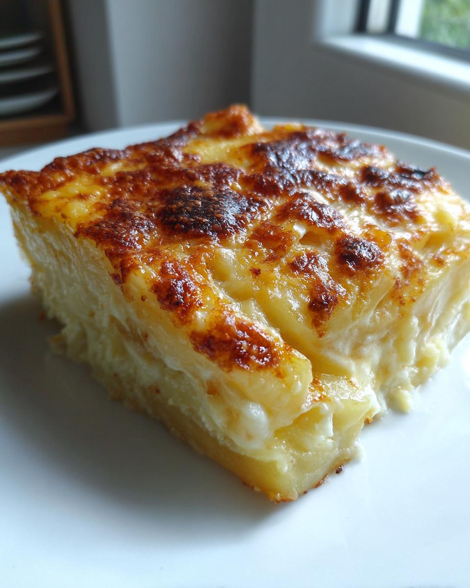A close-up of a thick, cheesy slice of scalloped potatoes with a perfectly browned and bubbly top crust.
