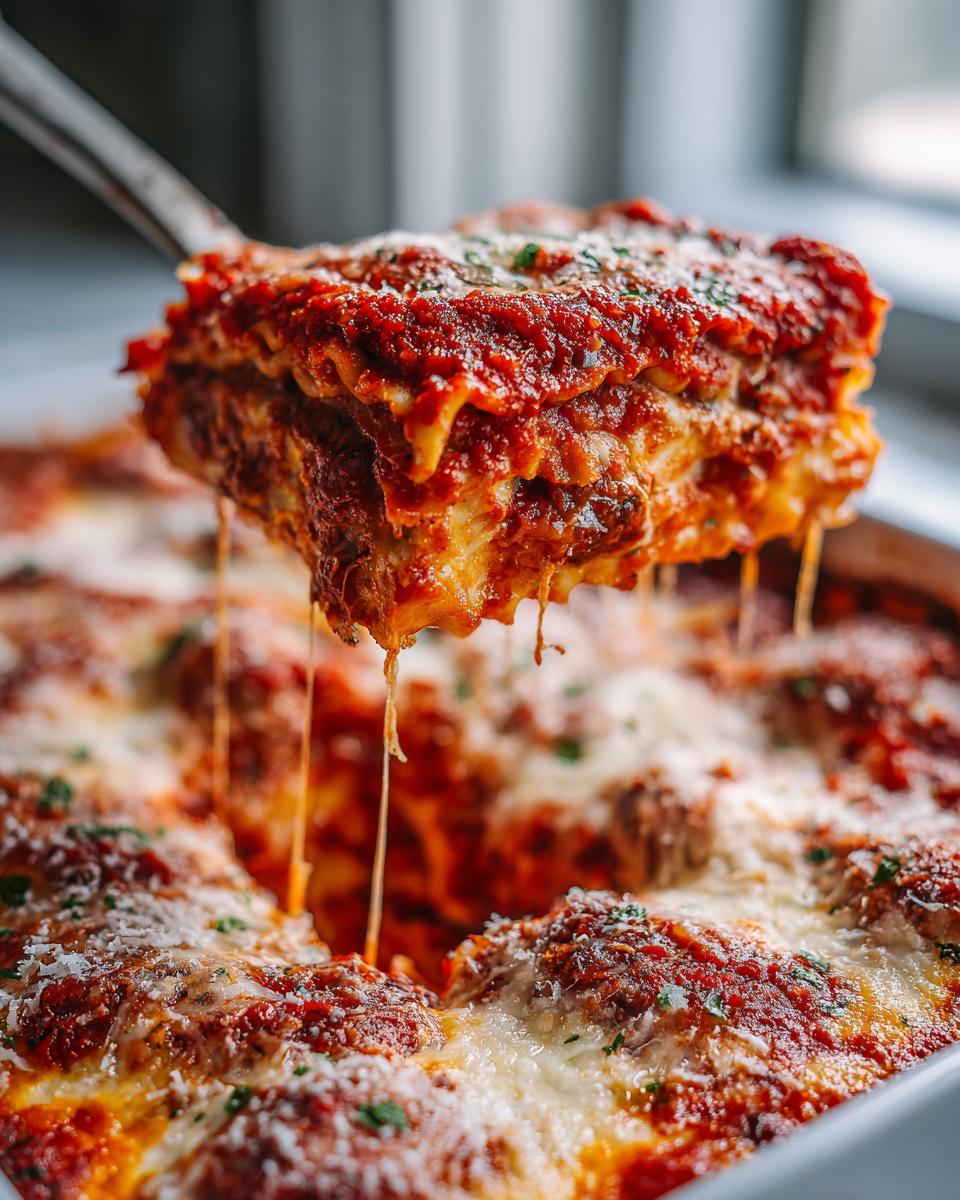 A server lifts a cheesy, saucy slice of lazy lasagna, showing long cheese pulls from the pan.