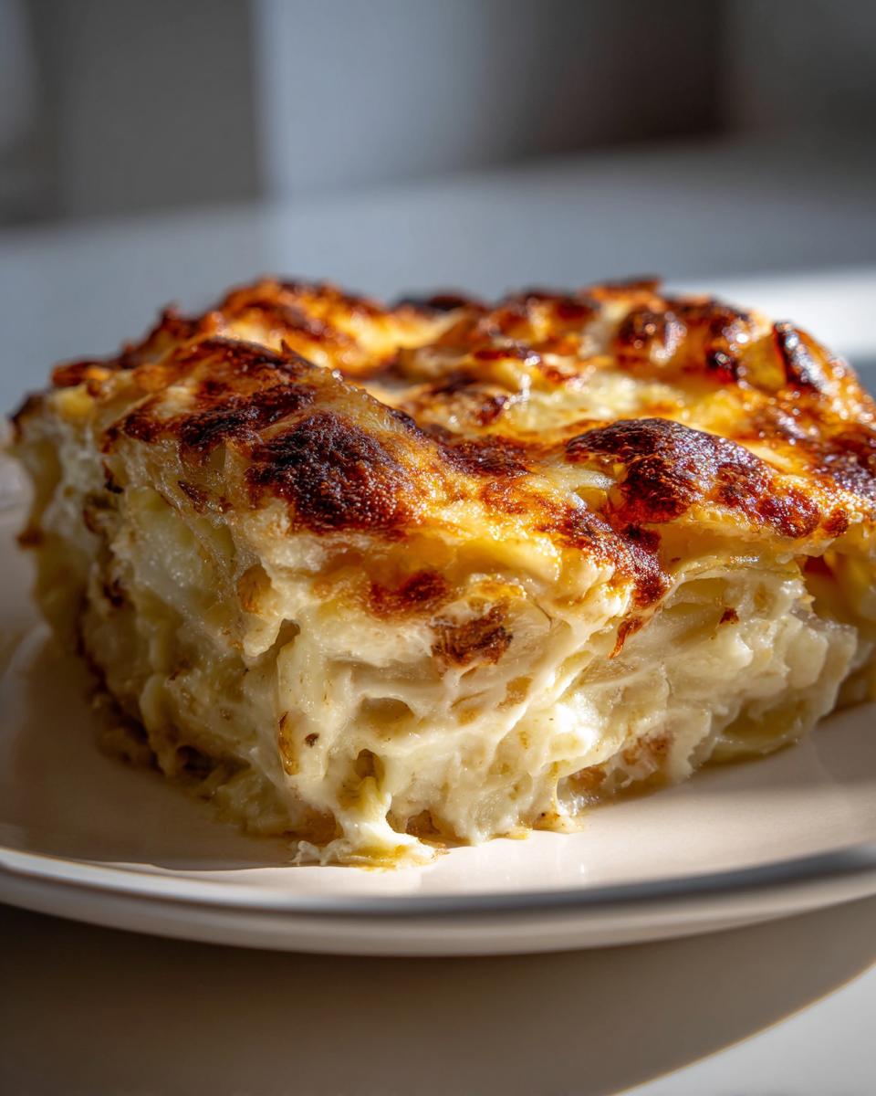 A close-up of a rich, cheesy slice of scalloped potatoes with a golden-brown, bubbly top.