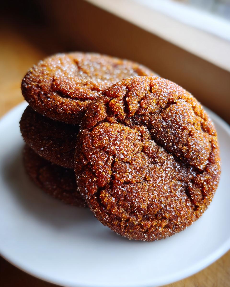Close-up of a stack of three rich, dark brown ginger molasses cookies coated in sparkling sugar.