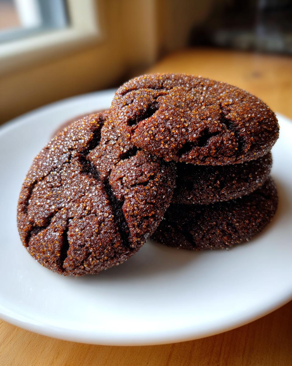 Close-up of a stack of three rich, dark ginger molasses cookies covered in sparkling sugar crystals.