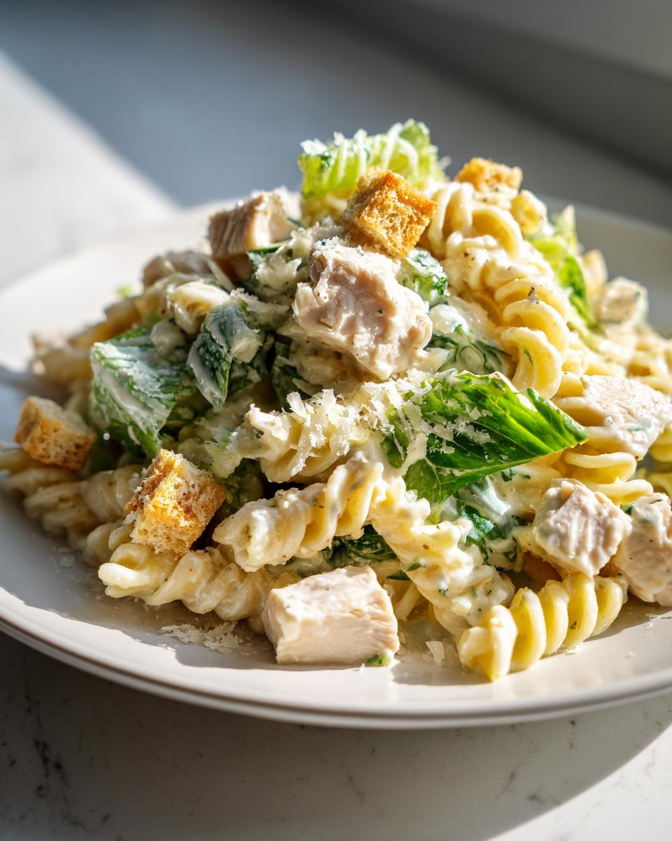 A close-up of creamy chicken caesar pasta salad featuring rotini pasta, chunks of chicken, romaine lettuce, croutons, and grated parmesan.