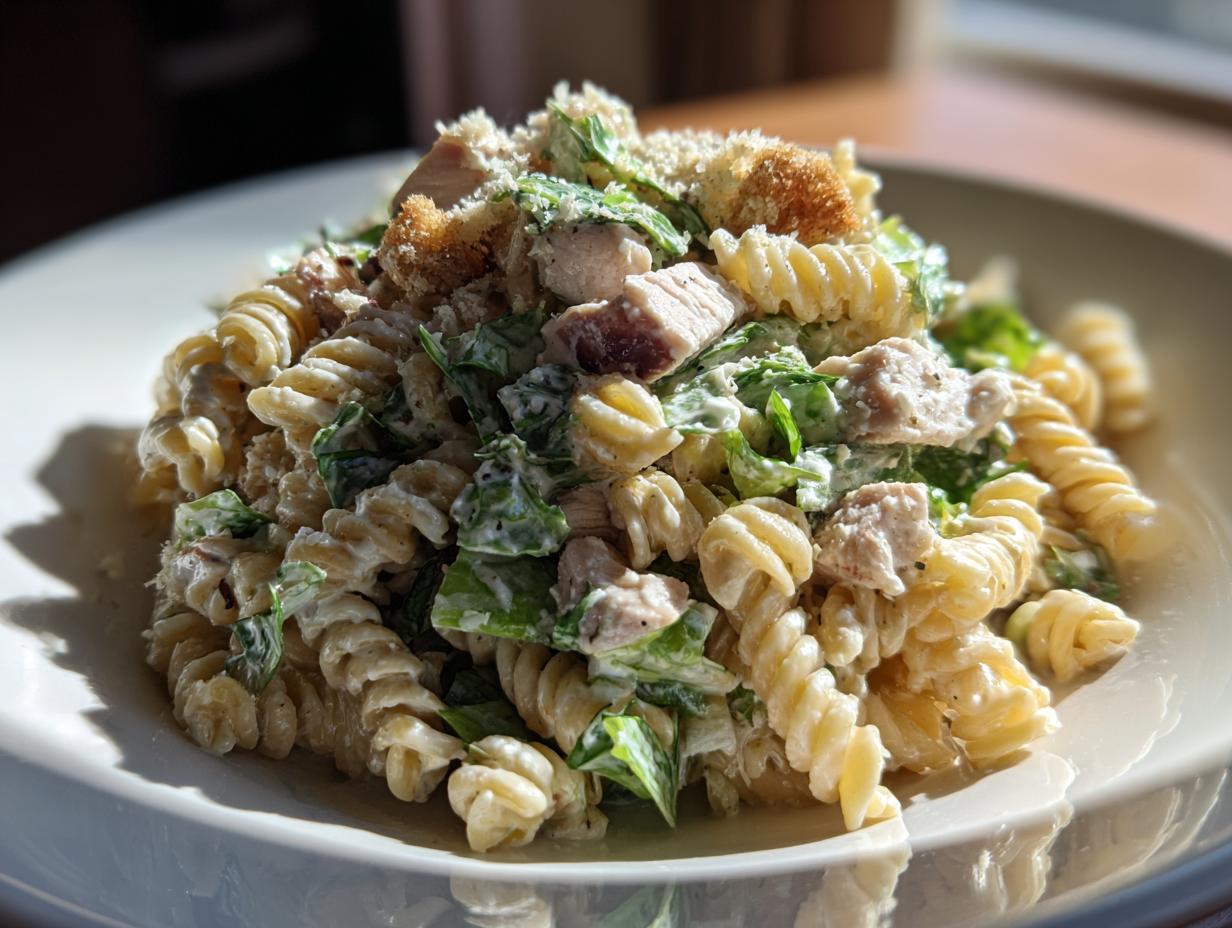 Close-up of a serving of chicken caesar pasta salad made with fusilli pasta, chicken chunks, and creamy dressing.