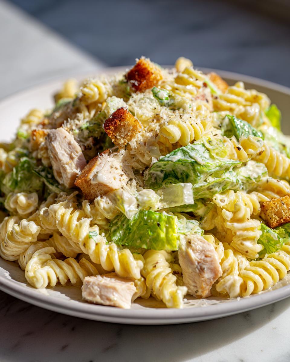Close-up of a plate piled high with creamy chicken caesar pasta salad featuring rotini pasta, chicken chunks, romaine lettuce, and croutons.