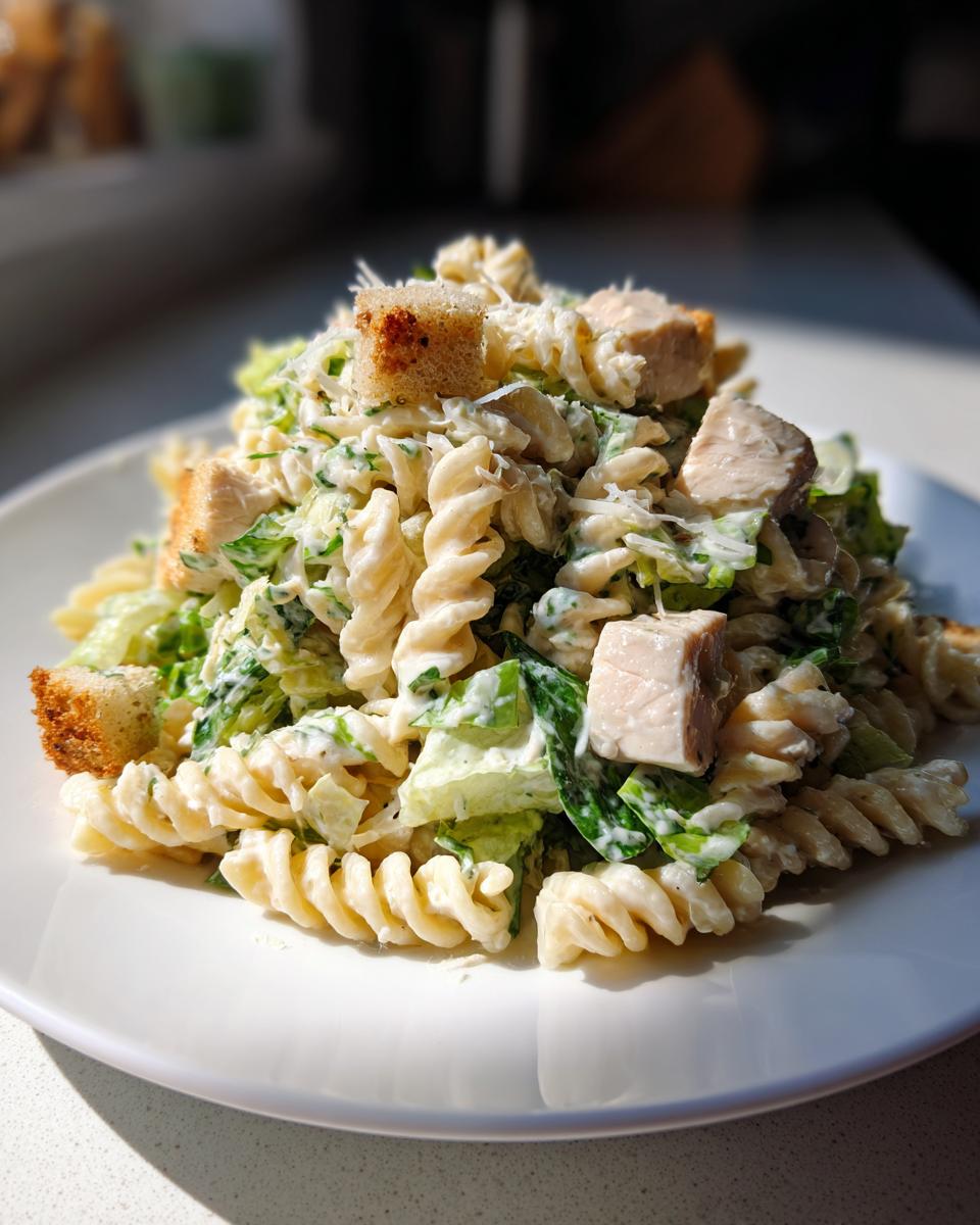 A close-up of a plate piled high with creamy chicken caesar pasta salad featuring rotini pasta, romaine lettuce, chicken cubes, and croutons.