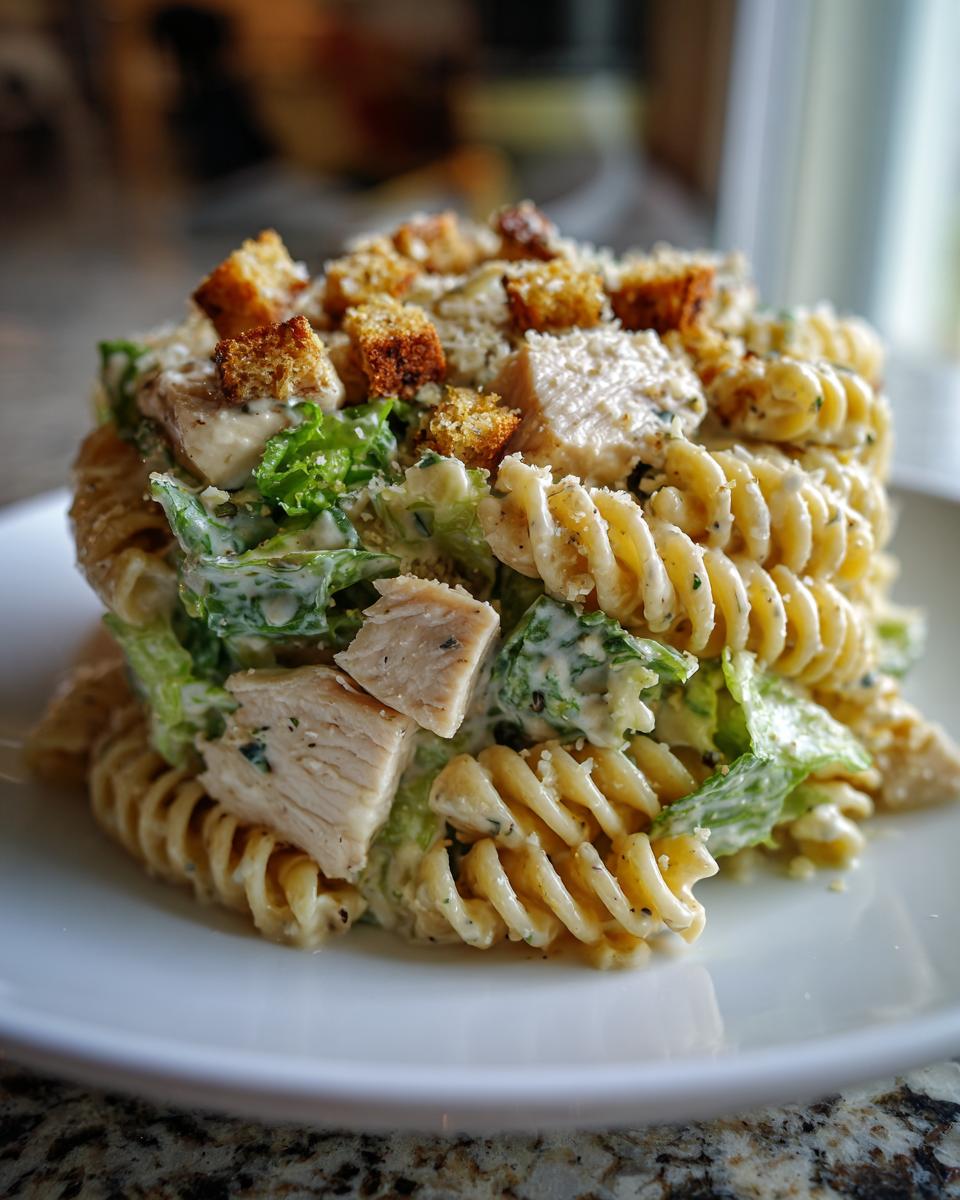 Close-up of a mound of chicken caesar pasta salad featuring rotini pasta, chopped chicken, romaine lettuce, and croutons.
