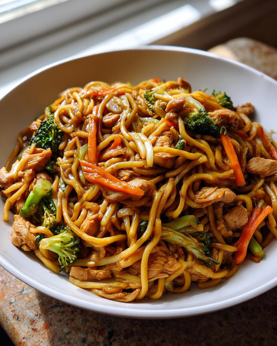 A close-up of a white bowl filled with homemade chicken chow mein recipe, featuring noodles, chicken pieces, broccoli, and carrots.