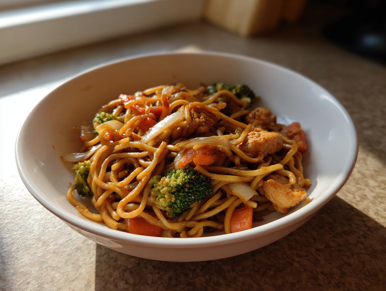 A white bowl filled with savory chicken chow mein recipe featuring noodles, chicken pieces, broccoli, carrots, and onions.
