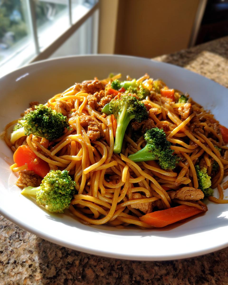 A close-up of a serving of homemade chicken chow mein recipe with bright green broccoli florets and sliced carrots.