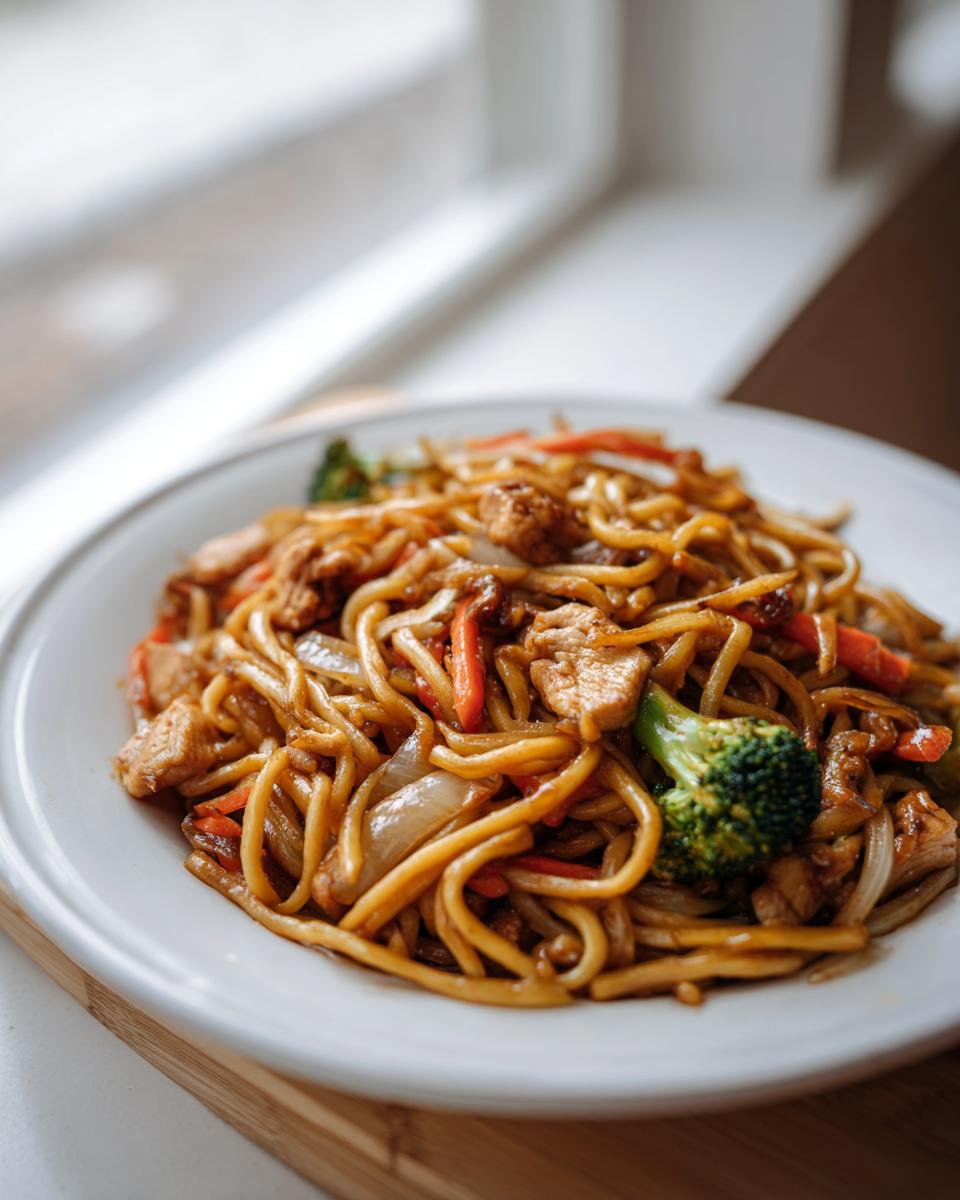 Close-up of a white plate filled with savory chicken chow mein recipe, featuring noodles, chicken pieces, broccoli, and carrots.