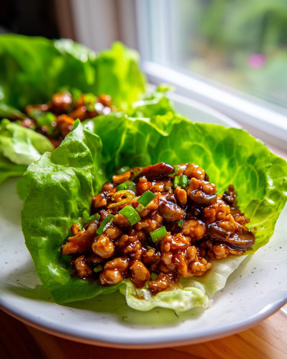 A close-up of savory, saucy filling for chicken lettuce wraps topped with green onions, served in crisp lettuce cups.
