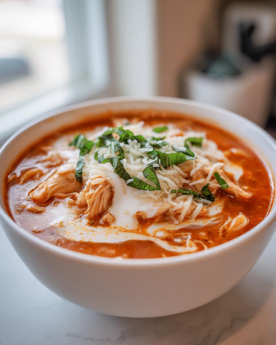 A close-up of a white bowl filled with rich, red chicken parmesan soup, topped with shredded cheese, cream, and fresh basil.