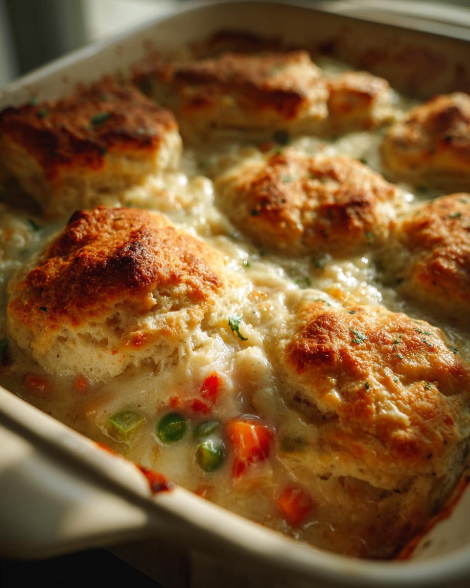Close-up of a bubbling chicken pot pie casserole topped with golden brown biscuits and visible vegetables.