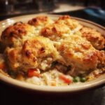 Close-up of a creamy chicken pot pie casserole topped with golden, fluffy biscuits.