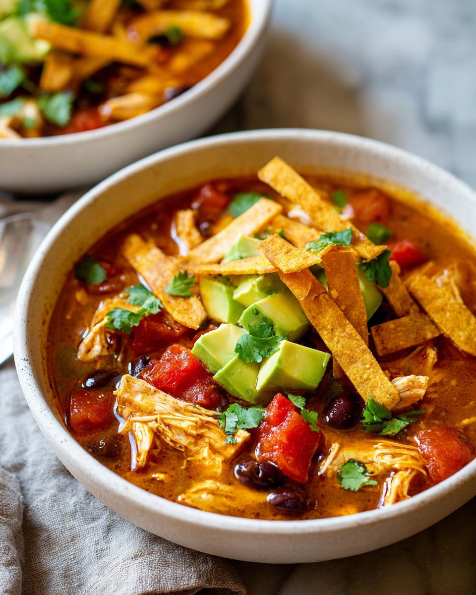 A close-up of a bowl of rich, flavorful chicken tortilla soup topped with avocado, tortilla strips, and cilantro.