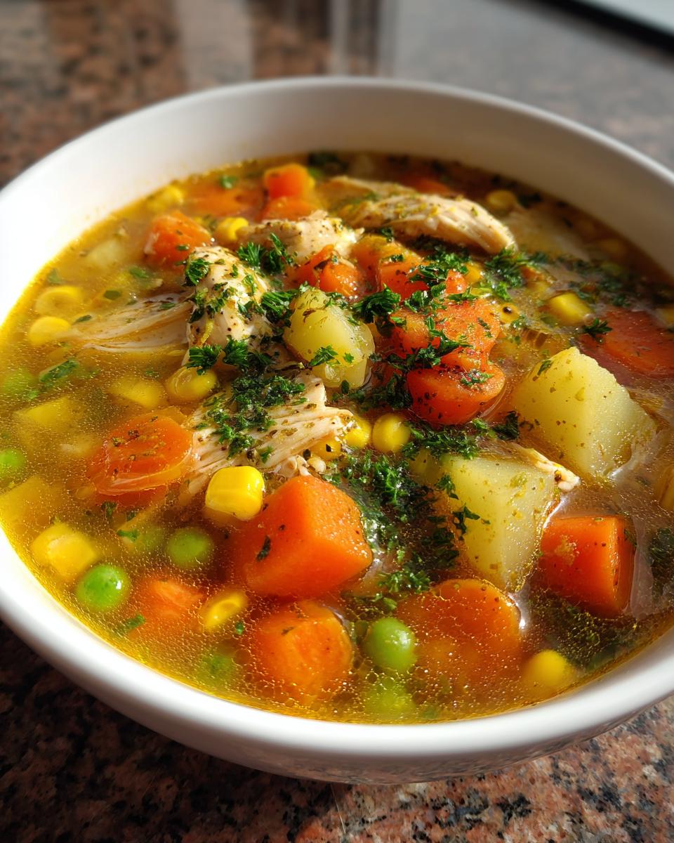 Close-up of a steaming bowl of chicken vegetable soup filled with carrots, potatoes, peas, corn, and shredded chicken.