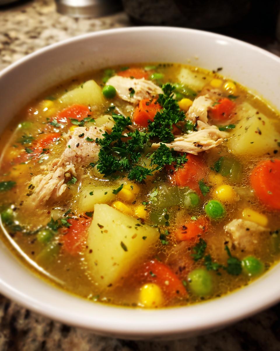 Close-up of a steaming bowl of chicken vegetable soup filled with shredded chicken, potatoes, carrots, peas, and corn.