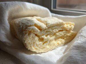 A chilled block of butter, showing flaky layers, wrapped in a white cloth, ready for making butter pie crust.