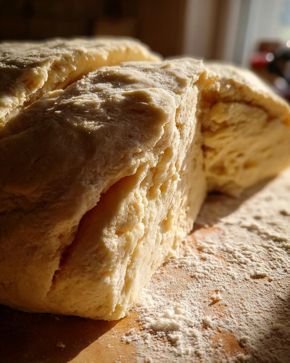 Close-up of chilled, pale yellow butter pie crust dough resting on a floured wooden surface.