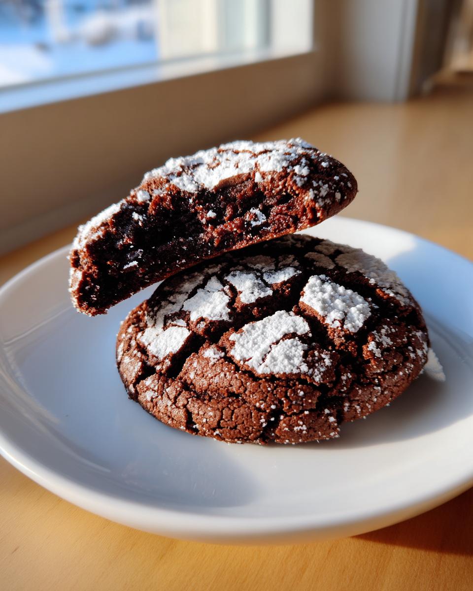 Two rich chocolate crinkle cookies, one cut in half to show the fudgy interior, dusted heavily with powdered sugar.