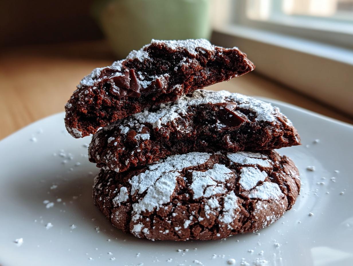 Three rich, dark chocolate crinkle cookies stacked on a white plate, dusted heavily with powdered sugar.