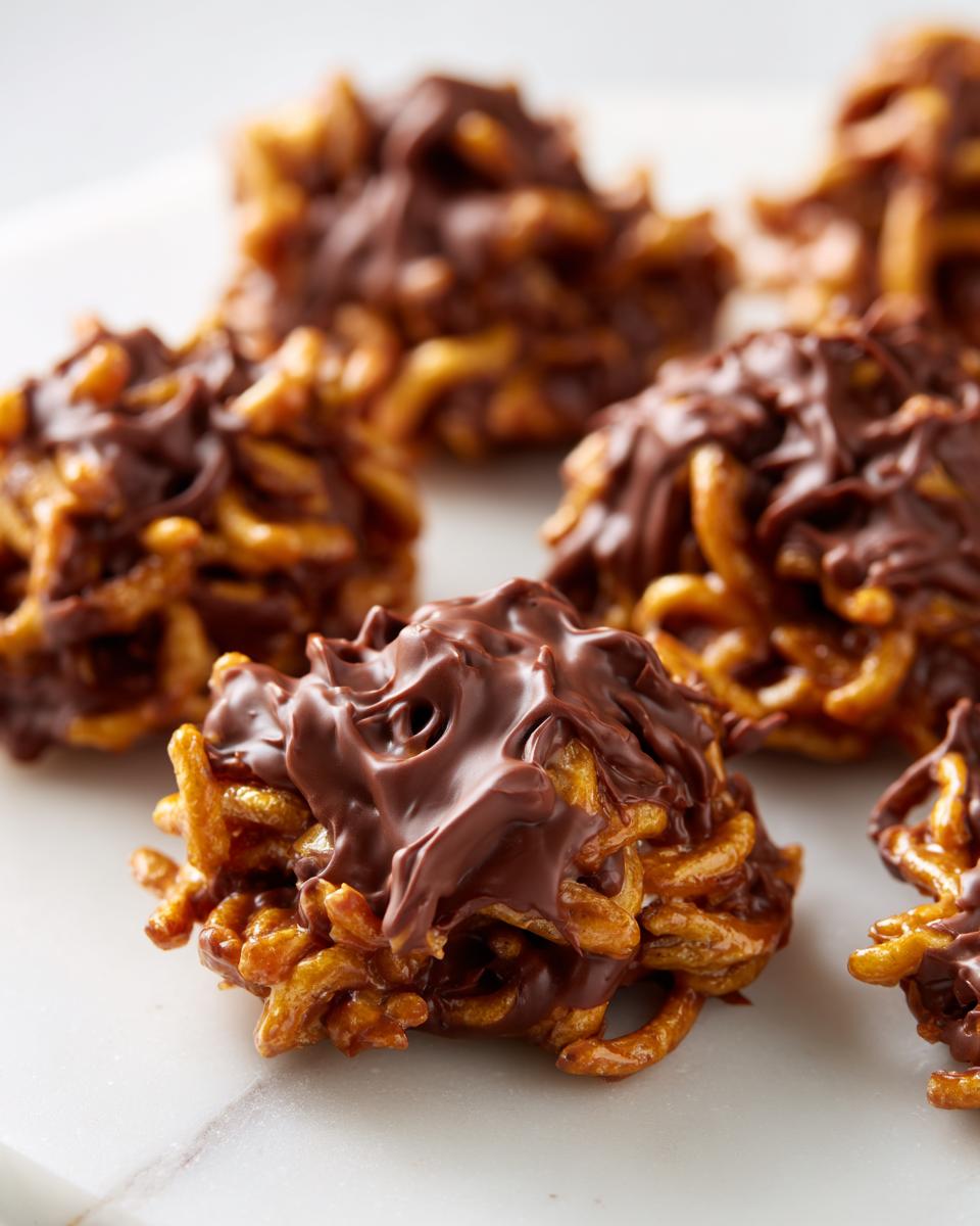 Close-up of several delicious haystack cookies drizzled generously with melted milk chocolate on a white surface.