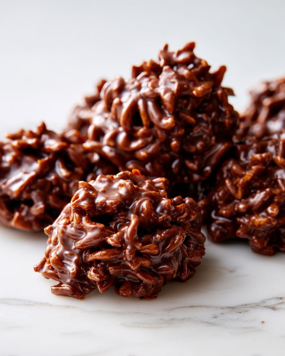 Several glossy, chocolate-coated haystack cookies clustered together on a white marble surface.