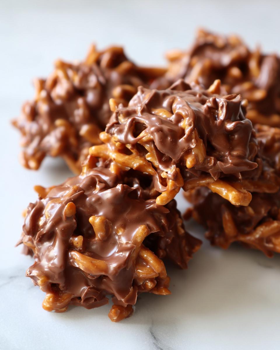 Close-up of several rich, chocolate-coated haystack cookies made with chow mein noodles or pretzels.