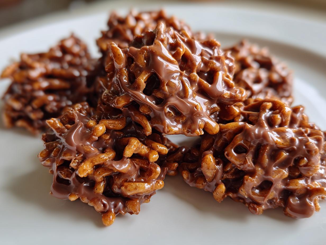 A close-up of several glossy, chocolate-coated haystack cookies piled on a white plate.
