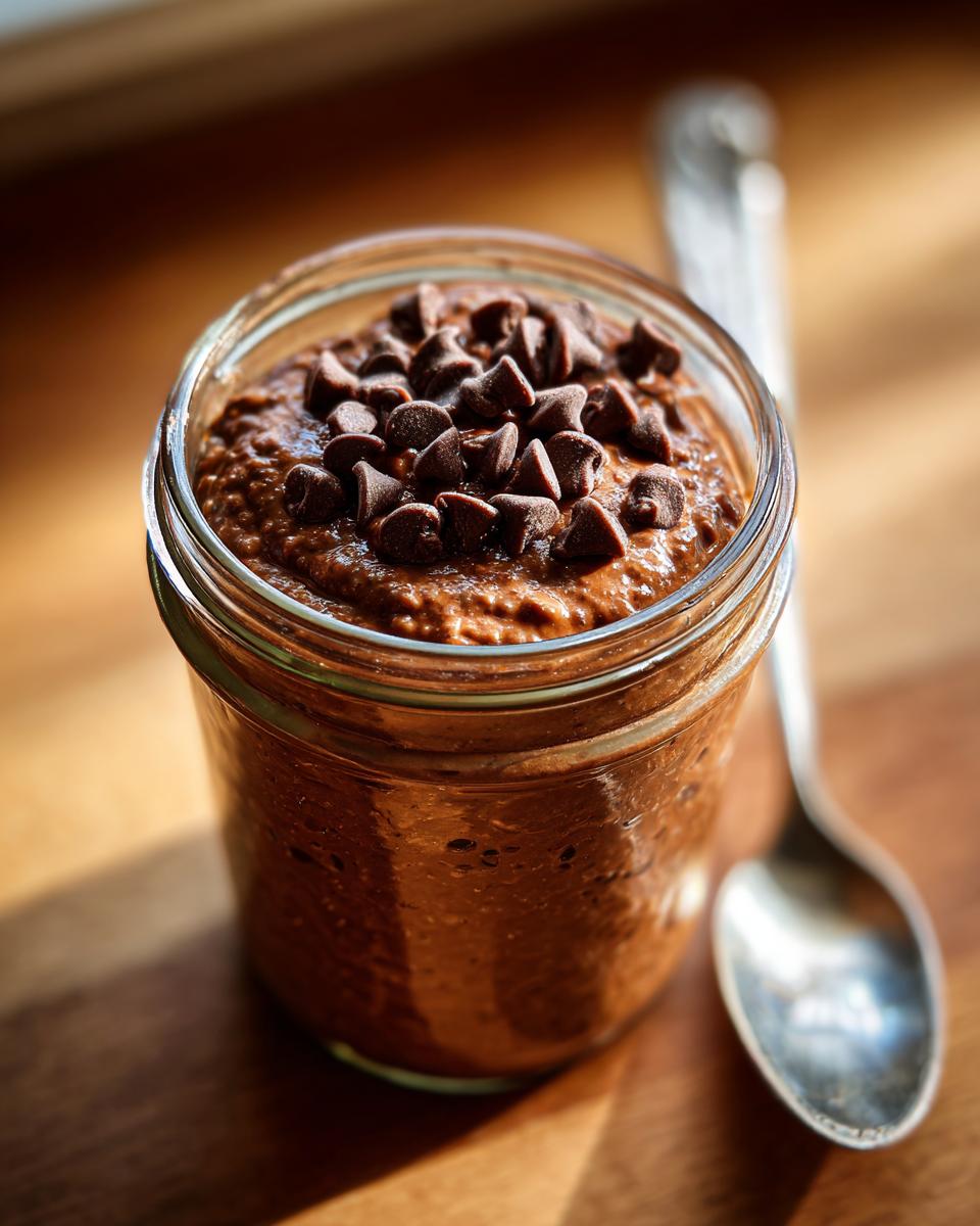 A glass jar filled with rich, thick chocolate overnight oats, topped generously with chocolate chips.