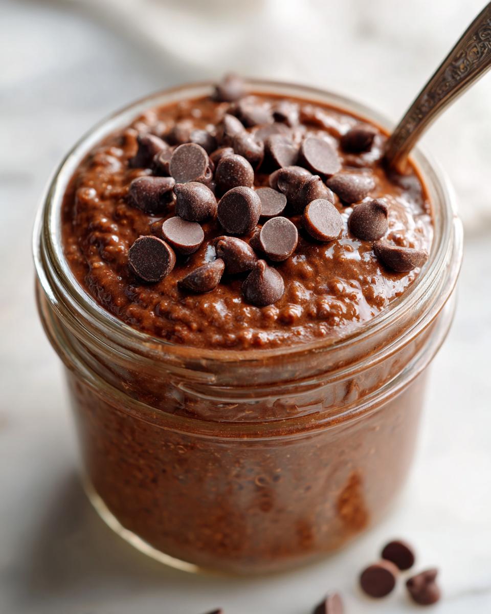 Close-up of rich, thick chocolate overnight oats topped generously with mini chocolate chips in a glass jar.