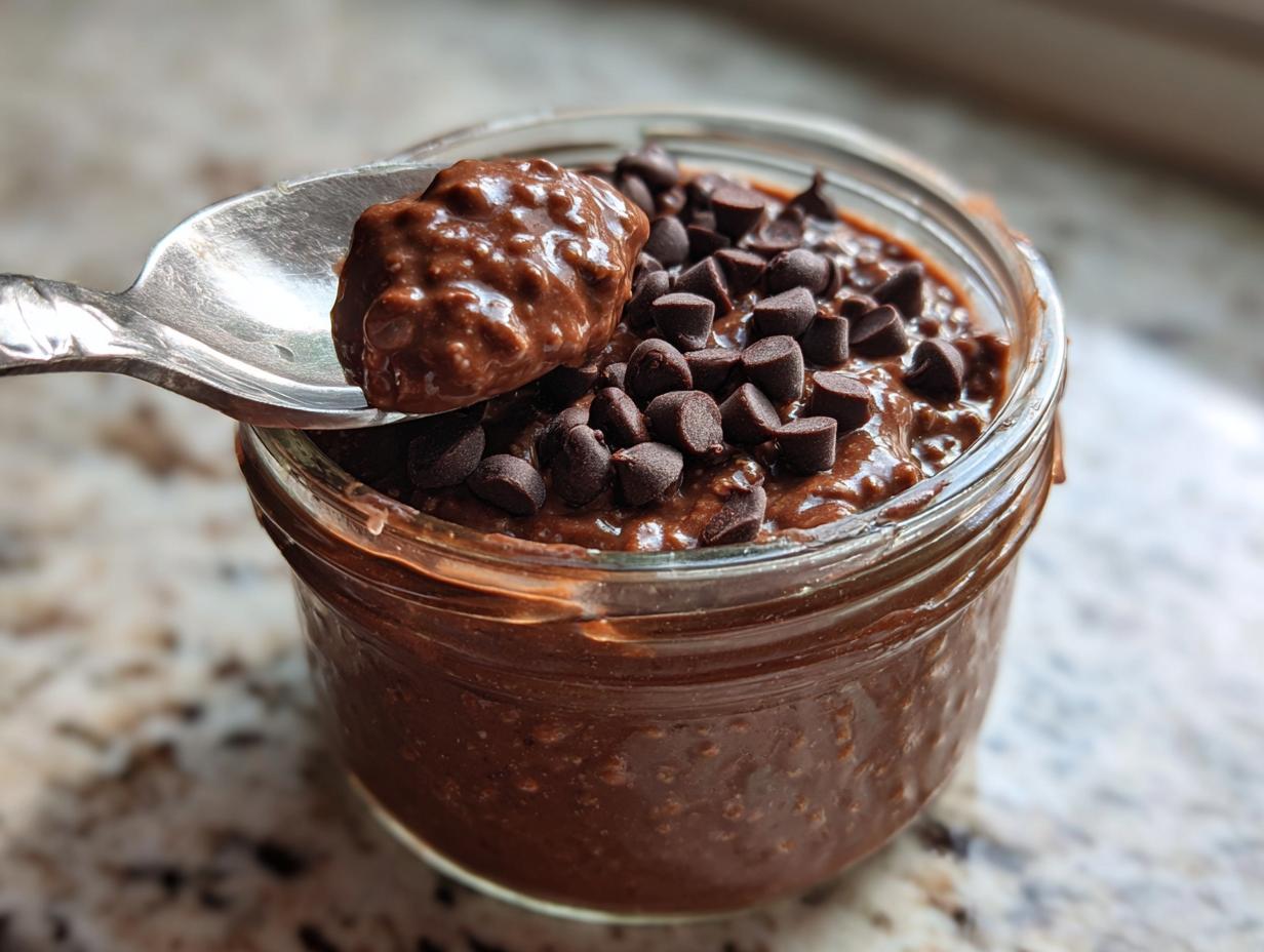 Close-up of rich chocolate overnight oats in a jar, topped with chocolate chips, with a spoonful lifted out.