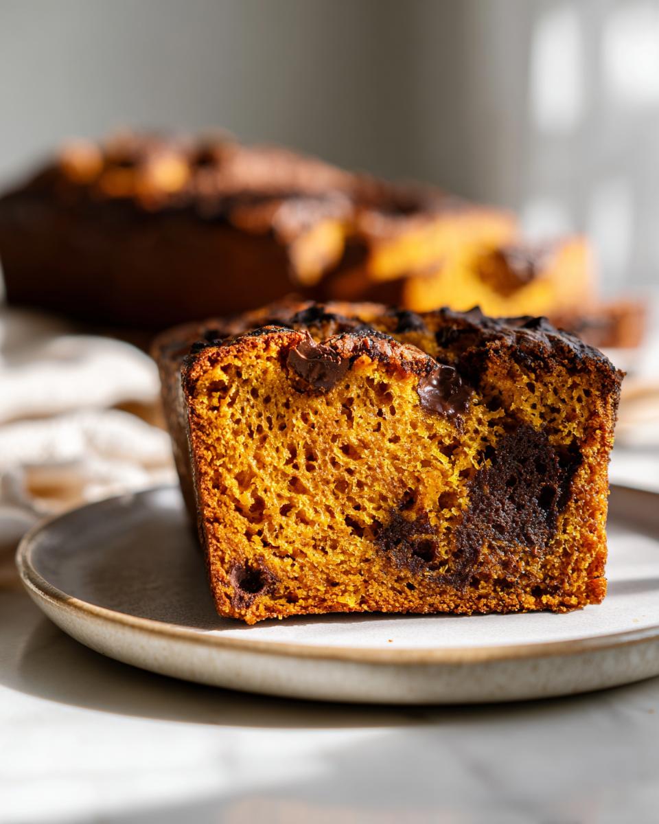 A thick slice of moist, orange pumpkin bread with visible chocolate swirls, resting on a small plate.