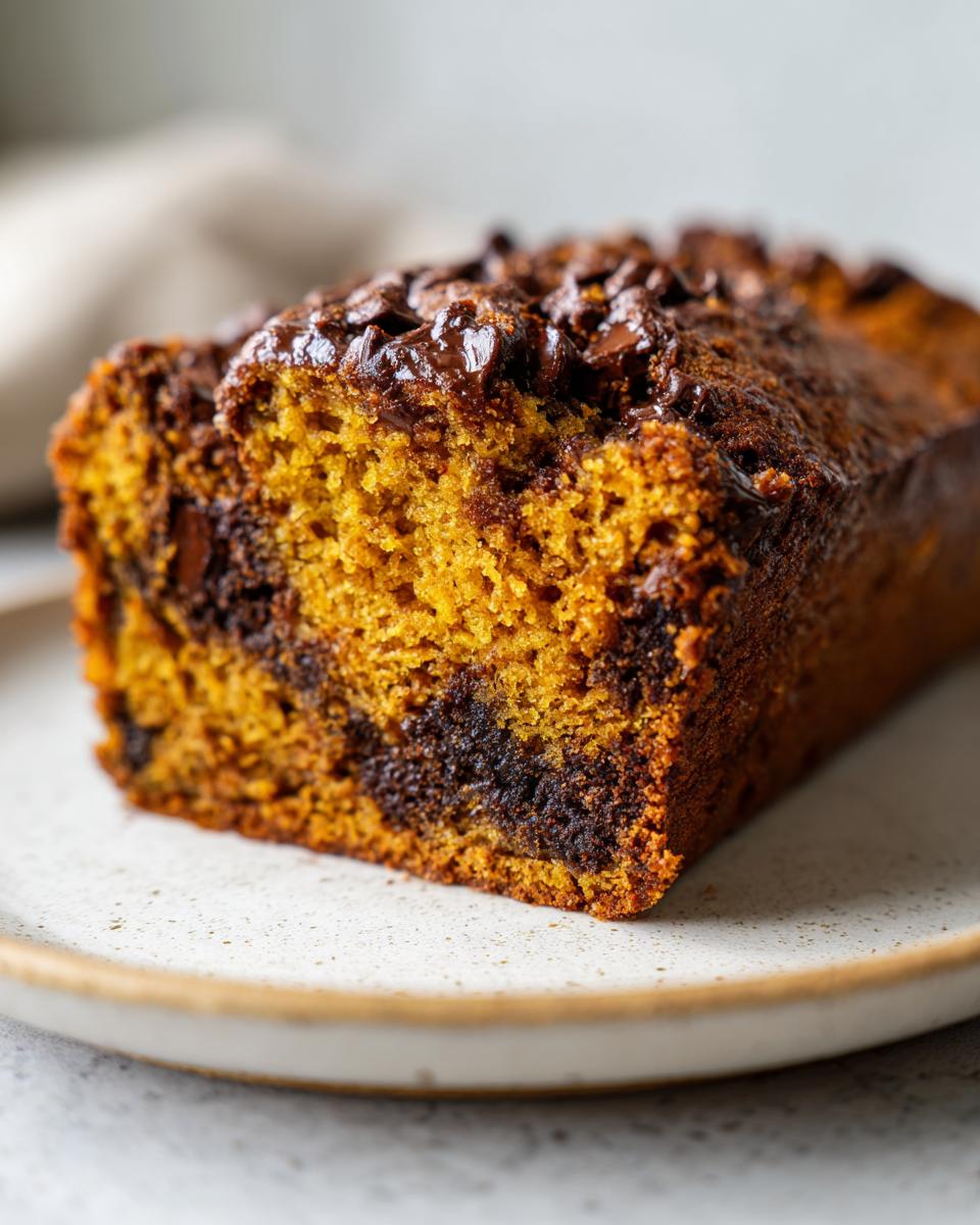 Close-up of a slice of moist pumpkin bread with a rich chocolate swirl and melted chocolate chips on top.