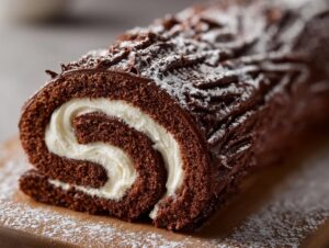 A close-up cross-section of a rich chocolate yule log cake showing the swirl of white cream filling and bark-like frosting.