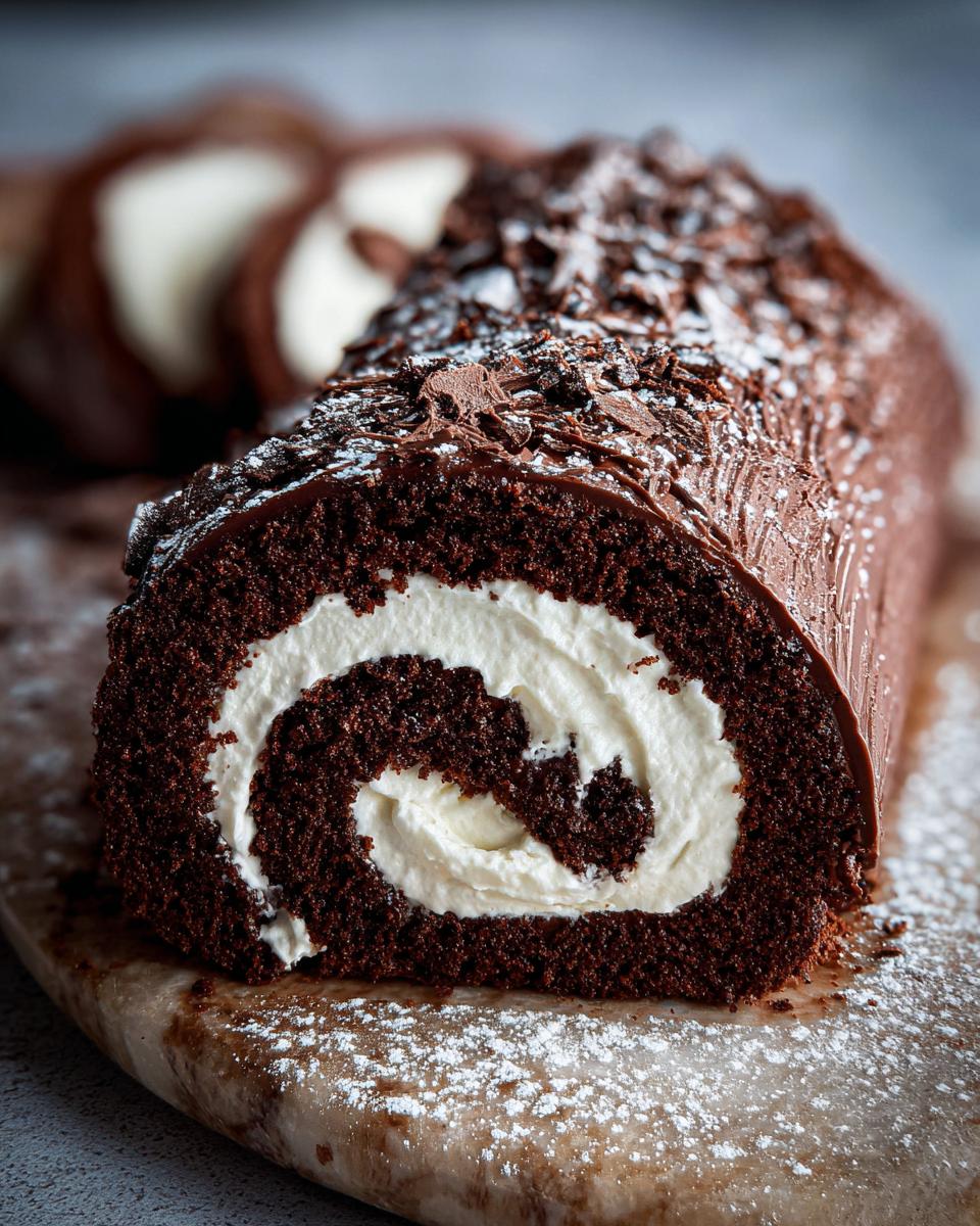 A decadent slice of chocolate yule log cake showing a rich swirl of white cream filling, topped with chocolate shavings and powdered sugar.