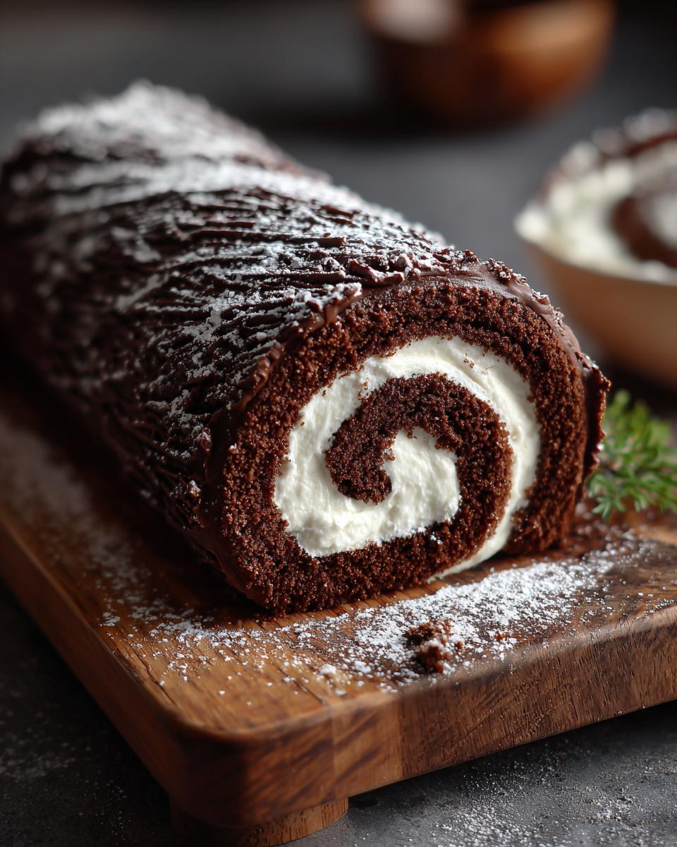 A rich chocolate yule log cake, sliced to show the white cream swirl filling, dusted with powdered sugar.