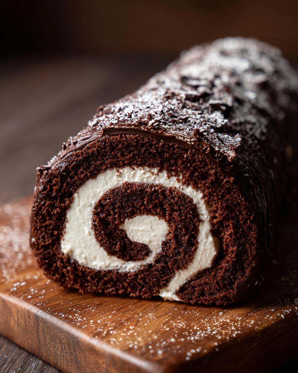 A rich, dark chocolate yule log cake showing a perfect swirl of white cream filling, dusted with powdered sugar.