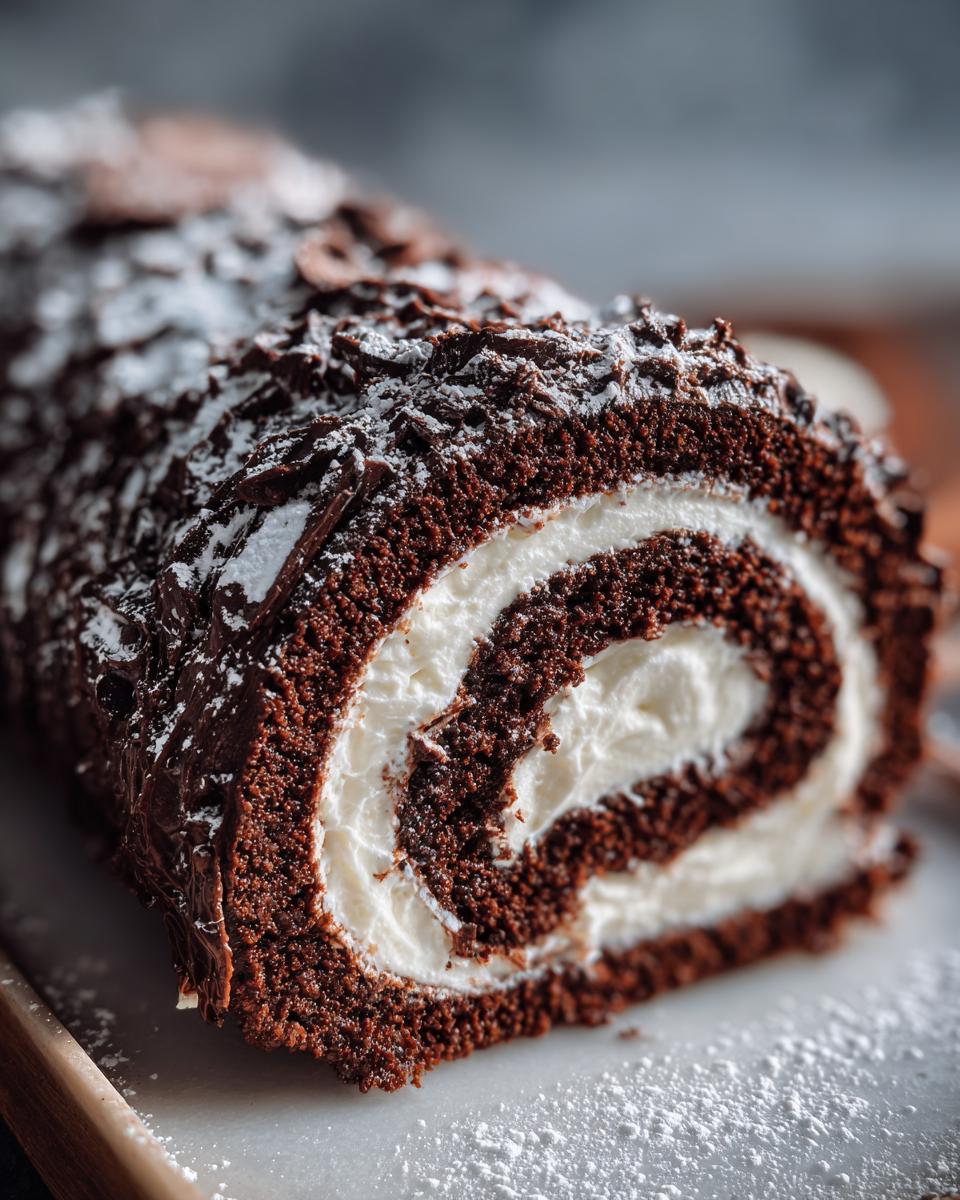 A close-up cross-section of a rich chocolate yule log cake showing the dark sponge rolled with white cream filling.