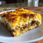 Close-up of a hearty slice of christmas breakfast casserole with browned cheese topping and sausage layer.