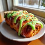 Close-up of freshly baked christmas tree cinnamon rolls topped with bright green icing and colorful sprinkles.