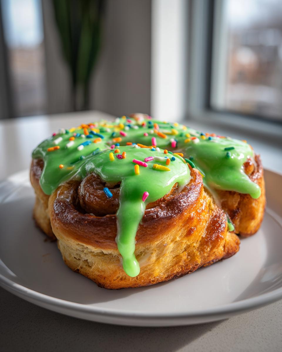 Two golden-brown cinnamon rolls topped with bright green icing and colorful sprinkles, resembling Christmas tree cinnamon rolls.