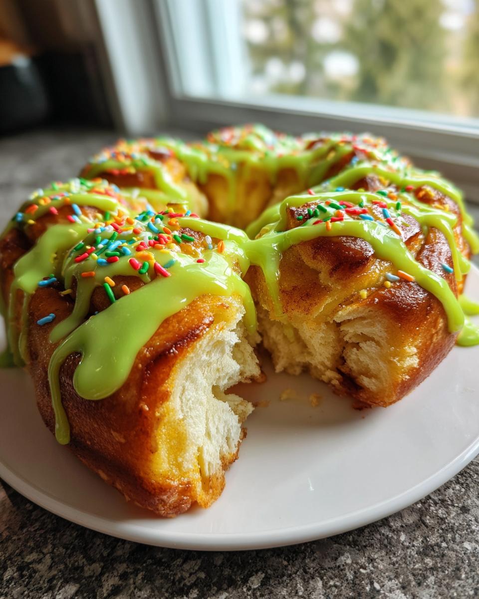 A close-up of freshly baked Christmas tree cinnamon rolls drizzled with bright green icing and colorful sprinkles.