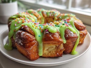 Close-up of a ring of baked Christmas tree cinnamon rolls topped with bright green icing and rainbow sprinkles.