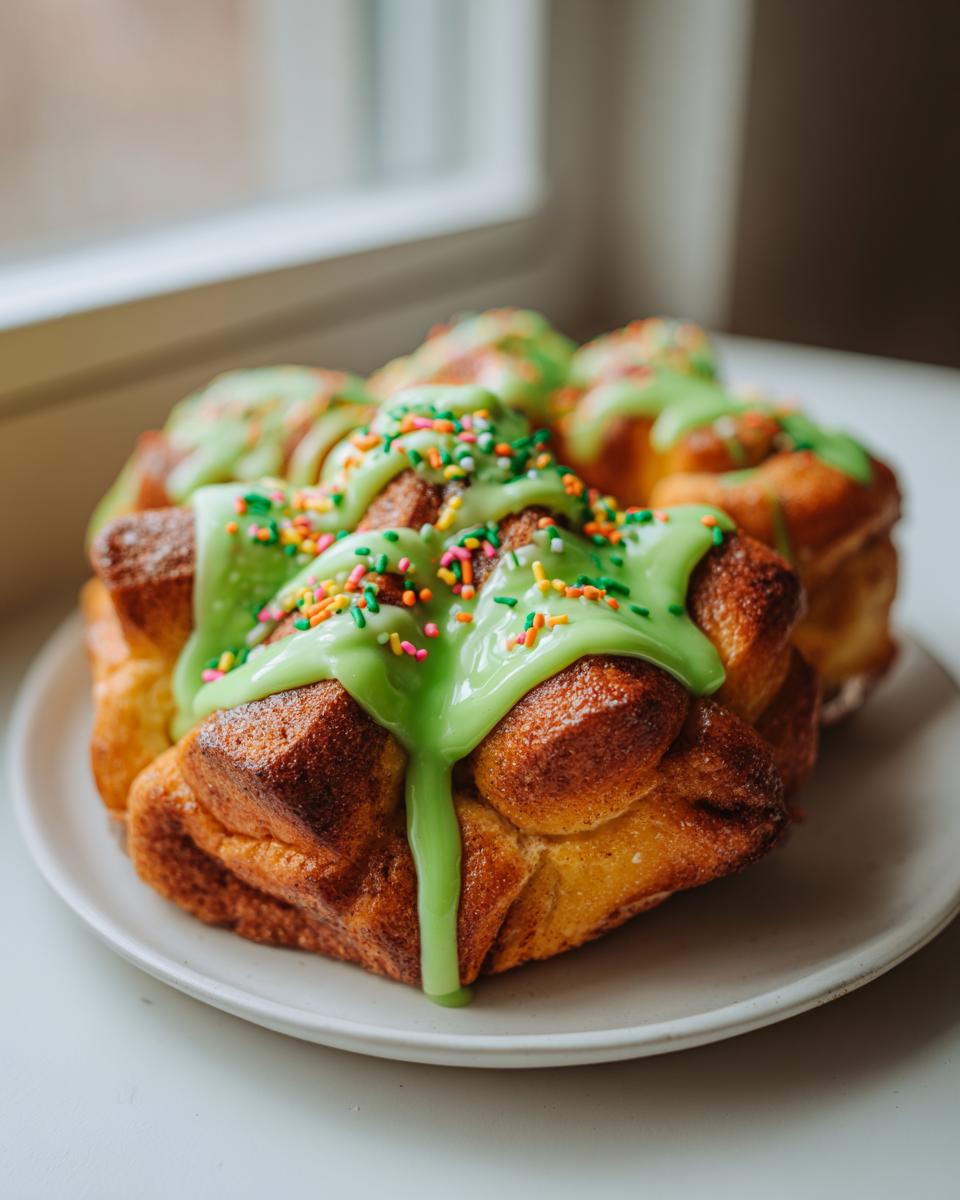 Close-up of baked Christmas tree cinnamon rolls topped with bright green icing and colorful sprinkles.