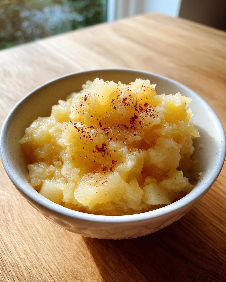 A bowl of chunky, homemade applesauce sprinkled with cinnamon, sitting on a wooden table.