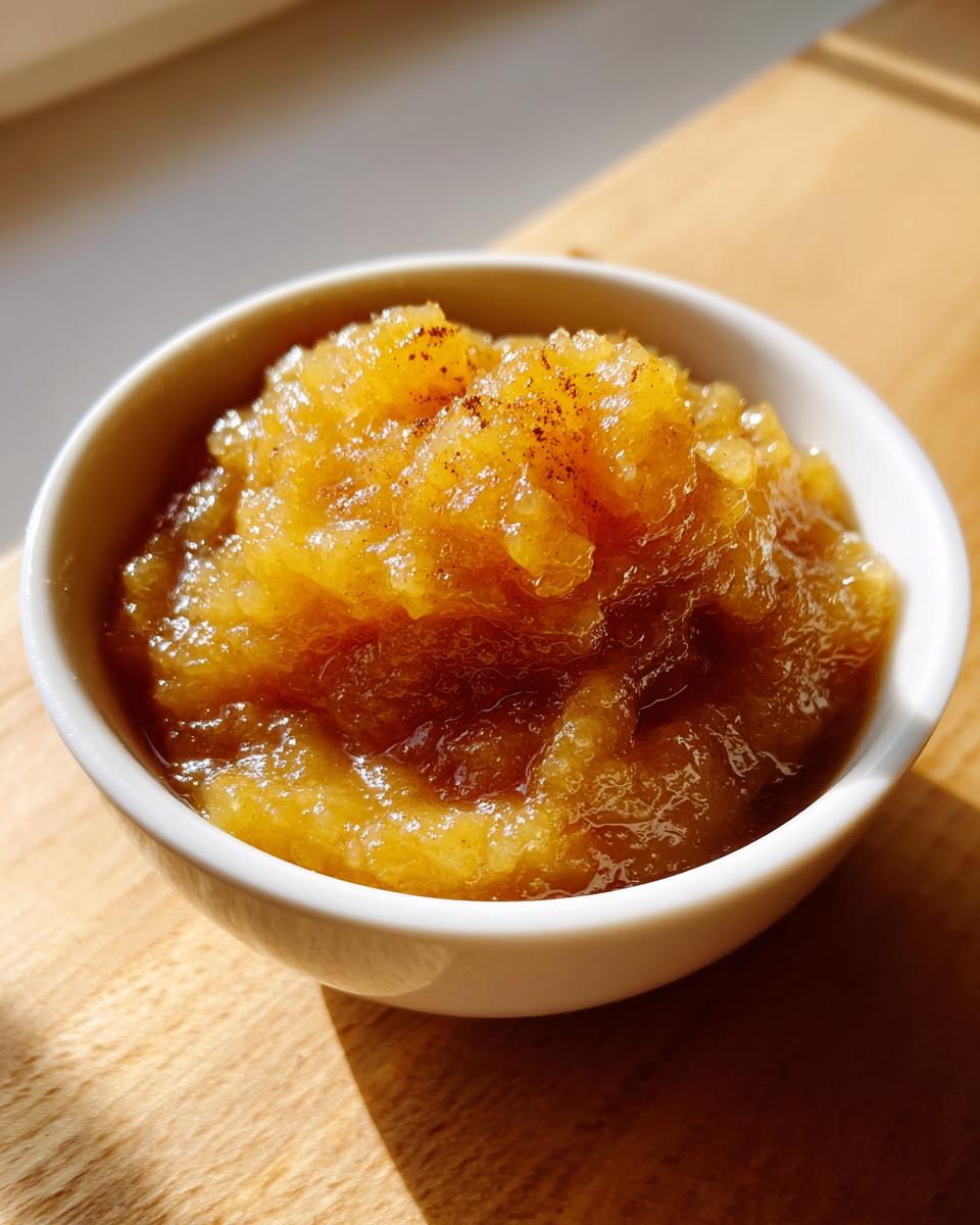 Close-up of chunky, golden brown homemade applesauce sprinkled with cinnamon in a white bowl.