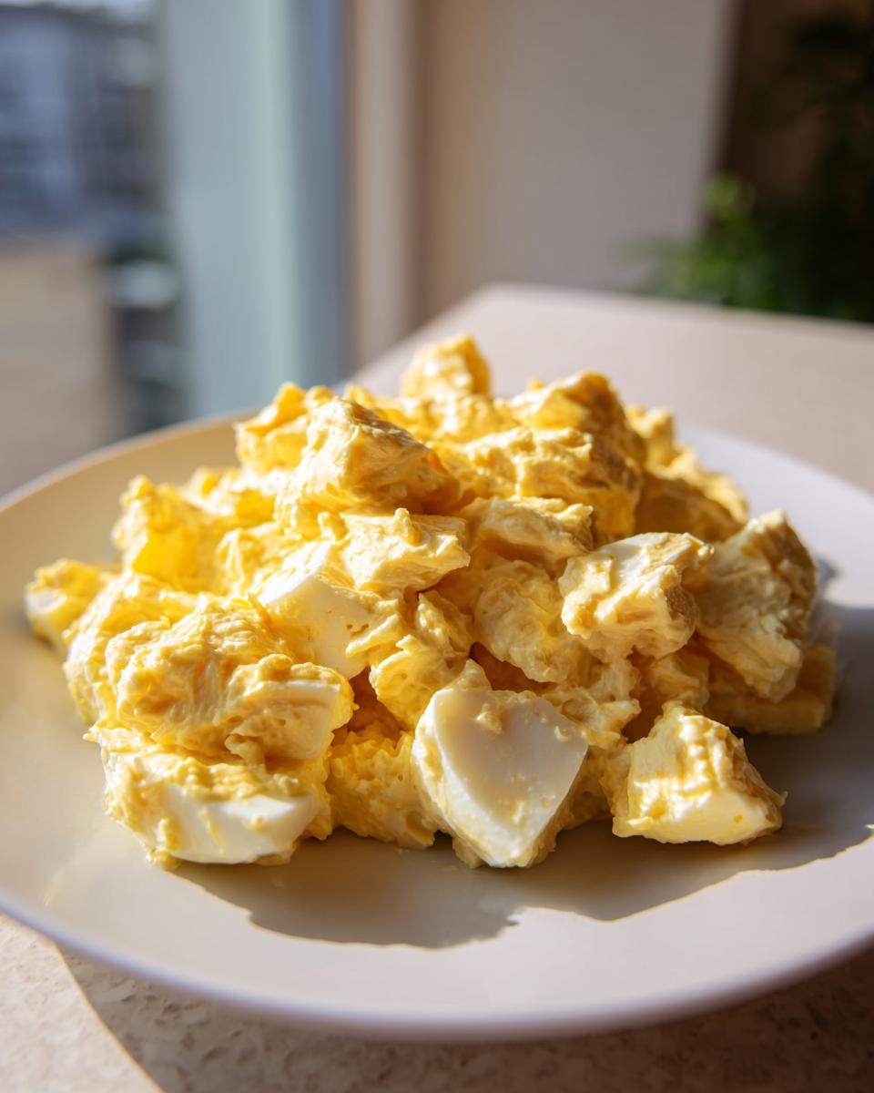 A close-up of chunky, creamy yellow egg salad piled high on a light-colored plate, catching bright sunlight.